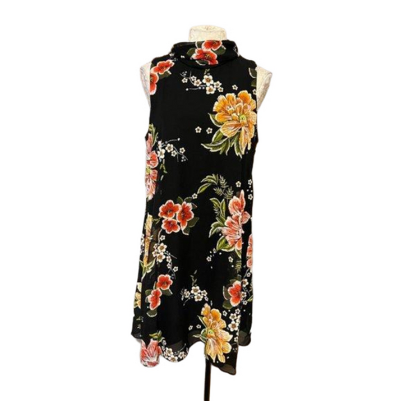 Robbie Bee Dress12  Black Yellow Floral Sleeveless Scarf Tie Shift Washable - Picture 1 of 6